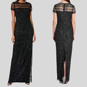 NWT ADRIANNA PAPELL DRESS GOWN 12P BLACK SEQUIN BEADED MESH SHEER LONG MAXI GLAM